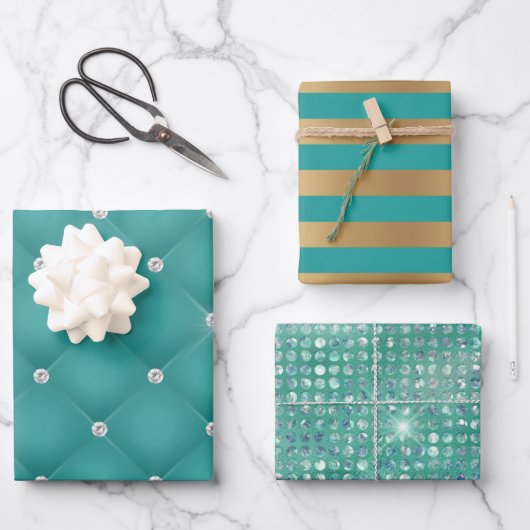 Elegantes Turquoise Gold Streifen Glitzer Geschenk Geschenkpapier Set (Vorderseite)