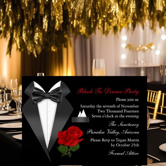 Elegantes Tux & Rose Schwarze Krawatte Abendessen Einladung