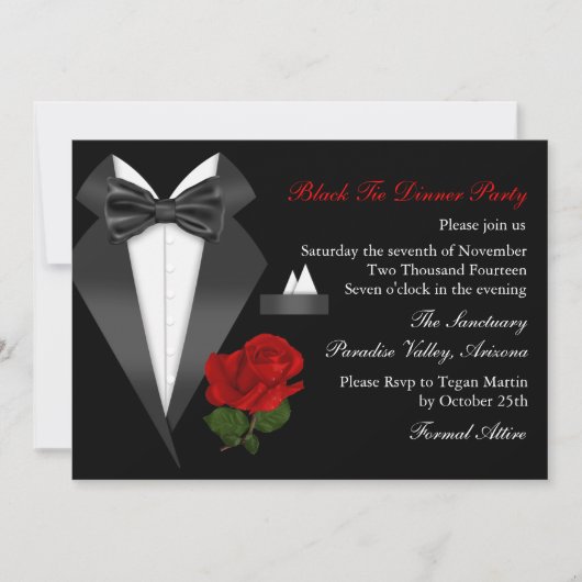 Elegantes Tux & Rose Schwarze Krawatte Abendessen Einladung (Vorderseite)