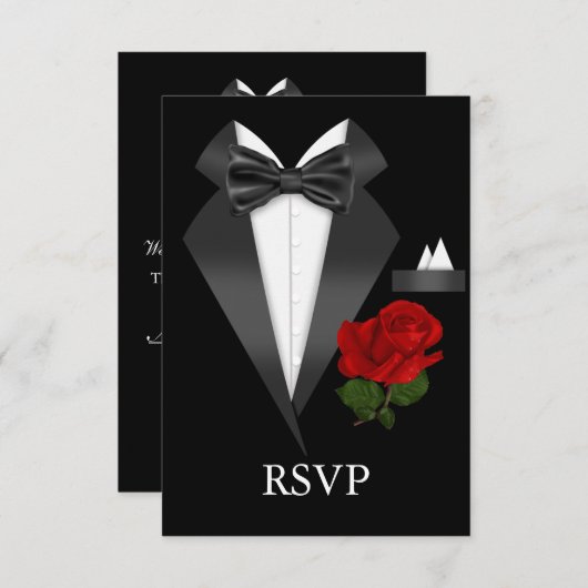 Elegantes Tux & Rose Schwarze Krawatte Party UAWG RSVP Karte (Vorne/Hinten)