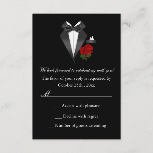 Elegantes Tux & Rose Schwarze Krawatte Party UAWG RSVP Karte (Rückseite)