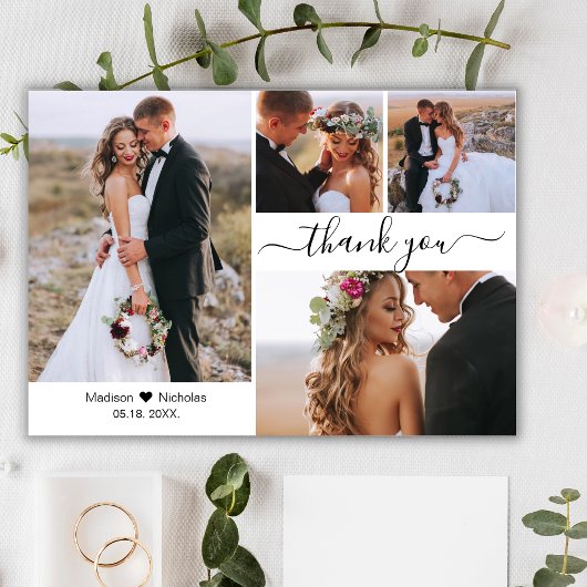 Elegantes Typografie-Script 4 Foto Collage Wedding Dankeskarte