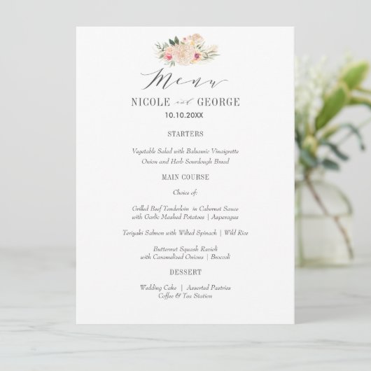 Elegantes Typografy, Peony Gold Wedding oder Party Menükarte (Stehend Vorderseite)