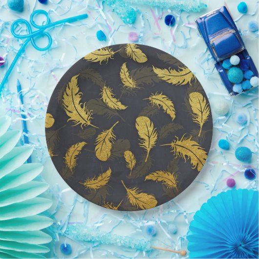 Elegantes und elegantes Schwarz-Gold-Feather-Muste Pappteller (Party)