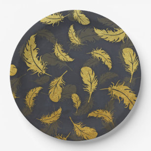 Elegantes und elegantes Schwarz-Gold-Feather-Muste Pappteller