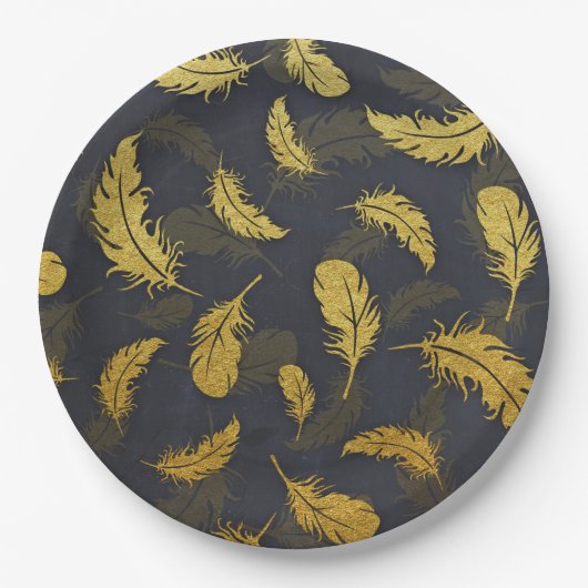 Elegantes und elegantes Schwarz-Gold-Feather-Muste Pappteller (Vorderseite)