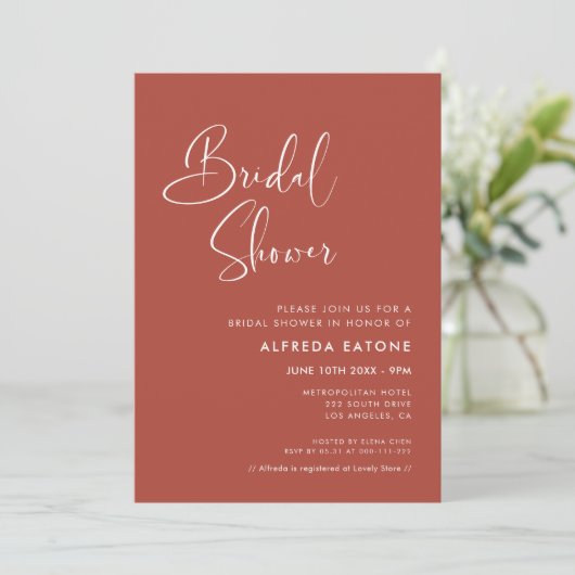 Elegantes und modernes Brautparty Terracotta Einladung (Stehend Vorderseite)