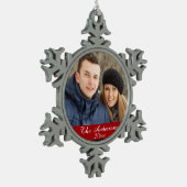 Elegantes und modernes Foto Schneeflocken Zinn-Ornament (Links)