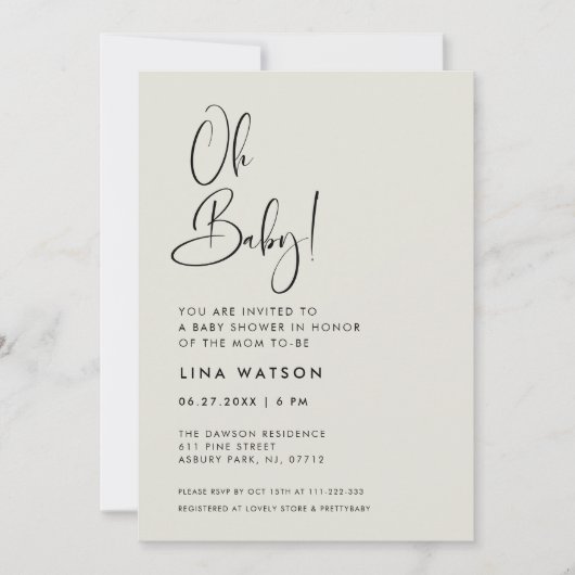 Elegantes und modernes helles Mädchen Grün Oh Baby Einladung (Vorderseite)