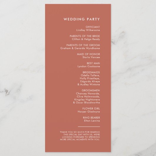 Elegantes und modernes Hochzeitsprogramm für Roten Programm (Rückseite)