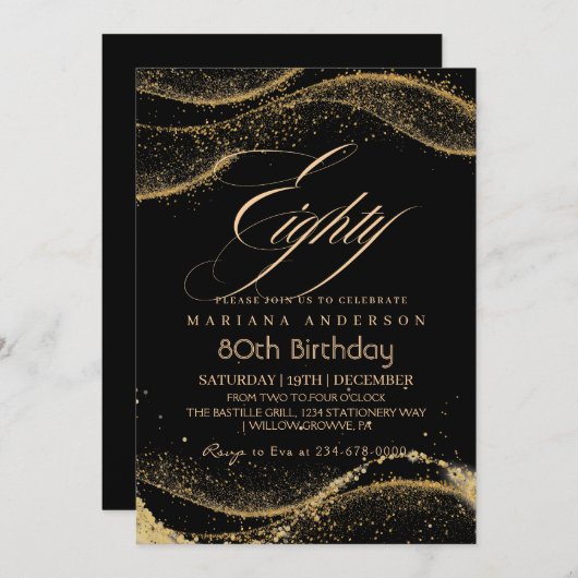 Elegantes und modernes Schwarzes Gold 80. Geburtst Einladung (Vorne/Hinten)