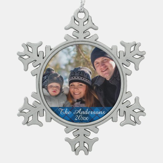 Elegantes und modernes Tartan Kariertes Foto Schneeflocken Zinn-Ornament (Vorderseite)