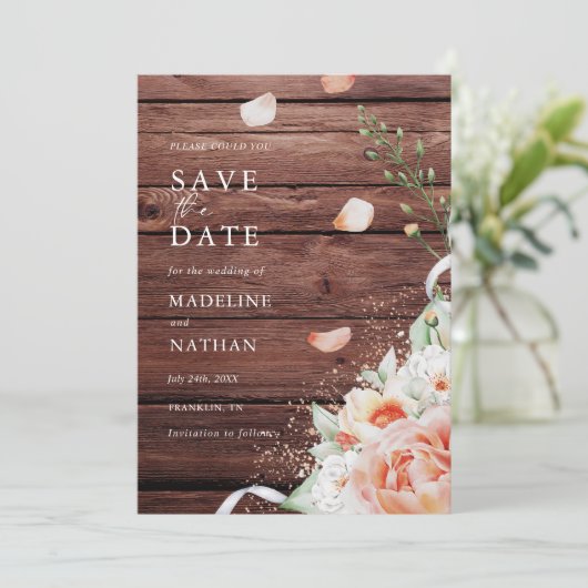 Elegantes und rustikales Holz und Pfirsichblumen S Save The Date (Stehend Vorderseite)