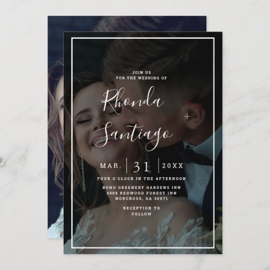 Elegantes Vellum Black & White Overlay Foto Hochze Einladung (Vorne/Hinten)