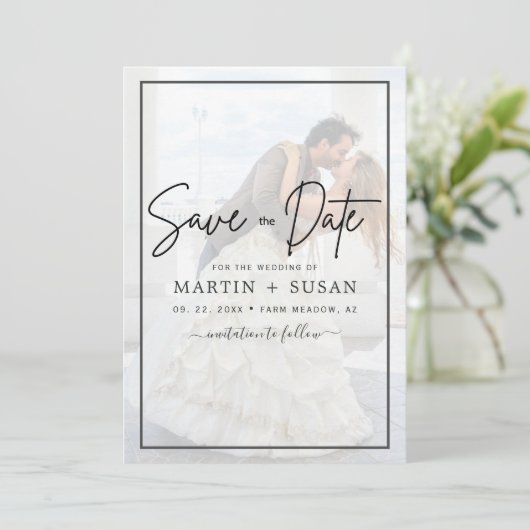 Elegantes Vellum Black & White Overlay Foto Hochze Save The Date (Stehend Vorderseite)