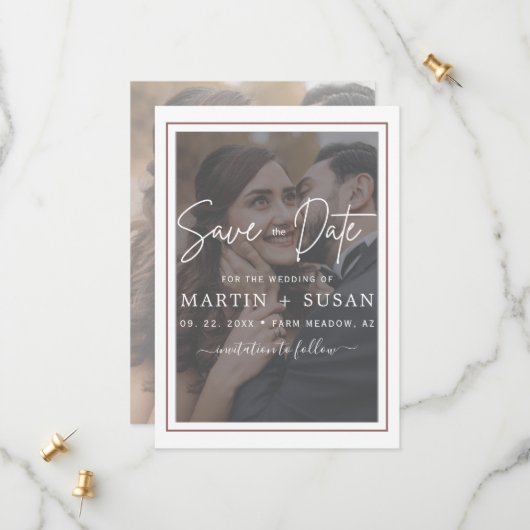 Elegantes Vellum Hand Lettered Overlay Foto Hochze Save The Date (Vorderseite/Rückseite Beispiel)