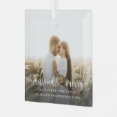 Elegantes Verheiratetes und Merry Script-Foto Ornament Aus Glas (Vorderseite links)