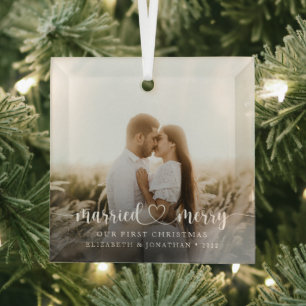Elegantes Verheiratetes und Merry Script-Foto Ornament Aus Glas