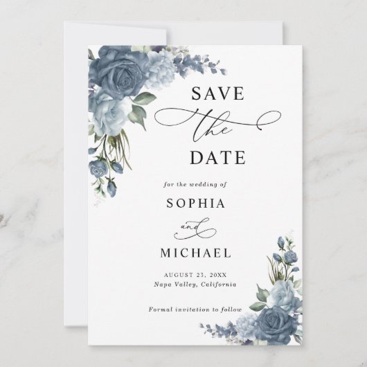 Elegantes verstaubtes blaues Blumen- Save The Date (Vorderseite)