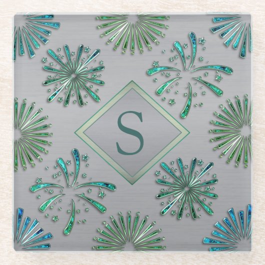 Elegantes, verziertes blau-grünes Muster Monogramm Glasuntersetzer (Vorderseite)