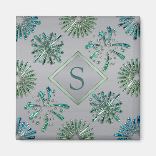 Elegantes, verziertes blau-grünes Muster Monogramm Magnet (Vorne)