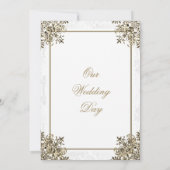 Elegantes, Verziertes Design auf weißem Damast Einladung (Rückseite)