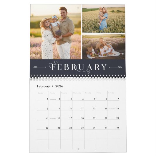 Elegantes Verziertes Fotomaterial der weißen Marin Kalender (Feb 2026)