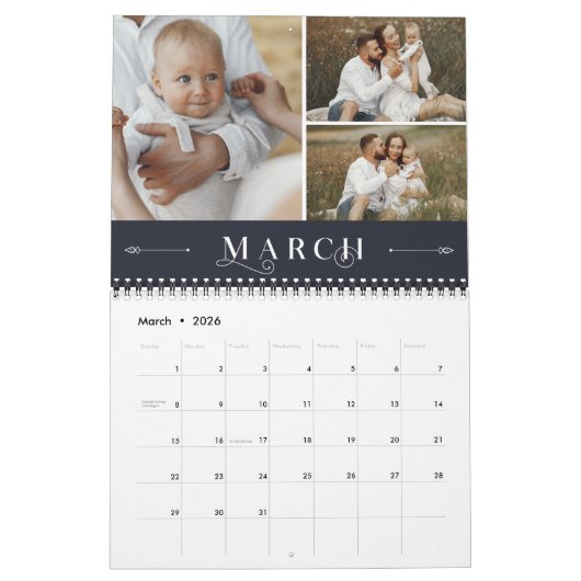 Elegantes Verziertes Fotomaterial der weißen Marin Kalender (Mär 2026)