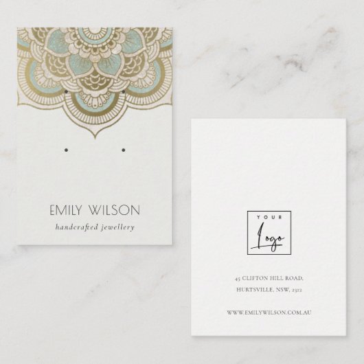 Elegantes Verziertes Gold Aquamarin Mandala 2 Earr Visitenkarte (Vorne/Hinten)