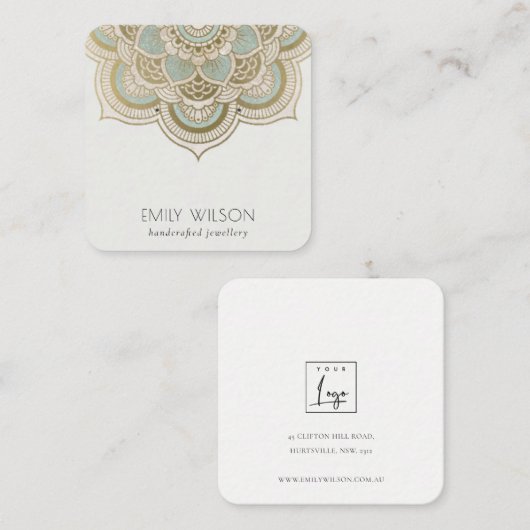 Elegantes Verziertes Gold Aquamarin Mandala Earrin Quadratische Visitenkarte (Vorne/Hinten)