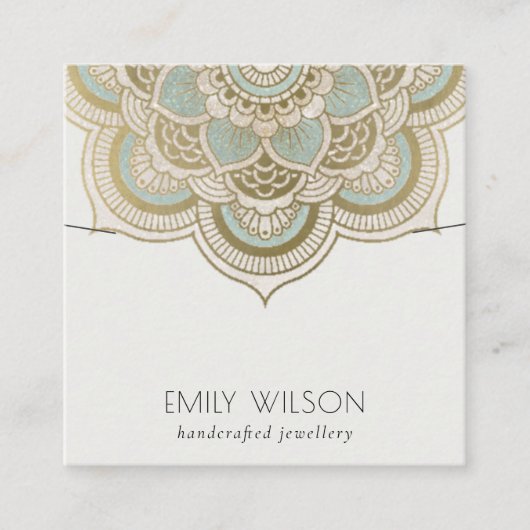 Elegantes Verziertes Gold Aquamarin Mandala Neckla Quadratische Visitenkarte (Vorderseite)