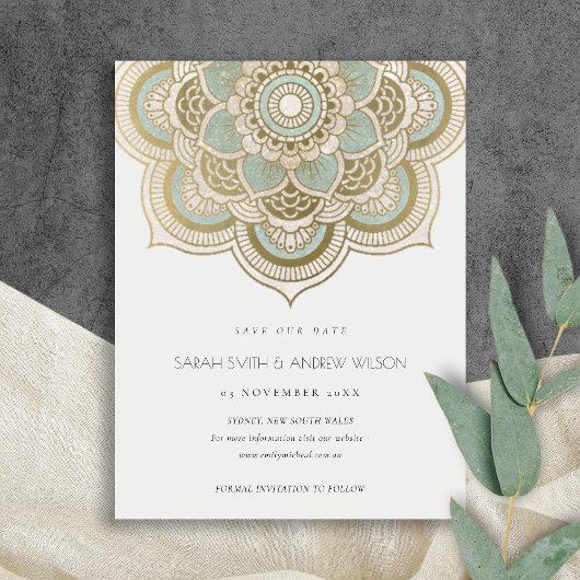 Elegantes Verziertes Gold Aquamarin Mandala Save t Postkarte