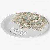 Elegantes Verziertes Gold Aquamarin Türkis Mandala Pappteller (Schrägansicht)