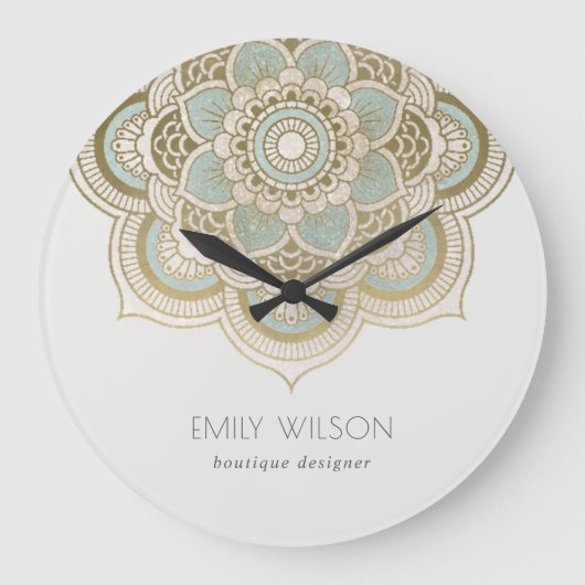 Elegantes Verziertes Golden Foil Aquamarin Türkis Große Wanduhr (Vorderseite)