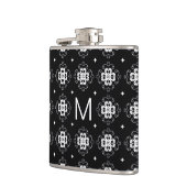 Elegantes, verziertes Schwarz-Weiß-Muster-Monogram Flachmann (Links)