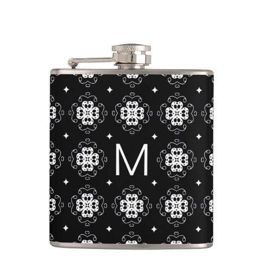 Elegantes, verziertes Schwarz-Weiß-Muster-Monogram Flachmann (Vorderseite)