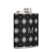 Elegantes, verziertes Schwarz-Weiß-Muster-Monogram Flachmann (Rechts)
