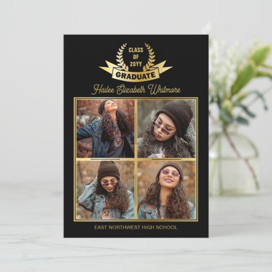 Elegantes Vier-Foto Schwarz | Gold Abschluss Ankündigung (Stehend Vorderseite)