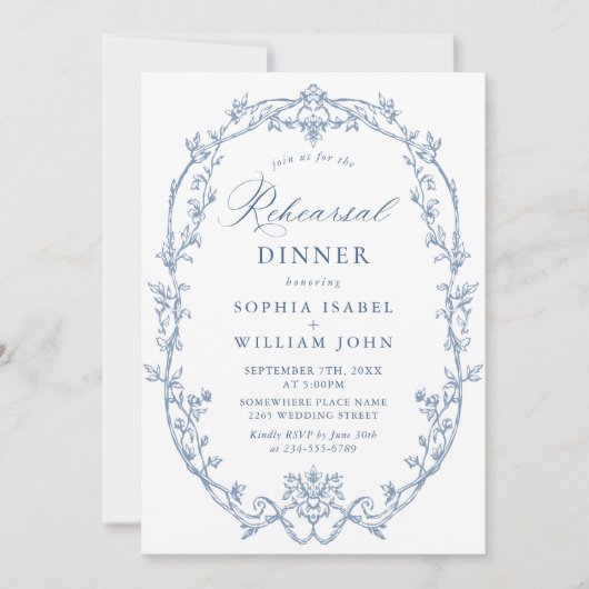 Elegantes Viktorianisch Dusty Blue Probe Dinner Einladung (Vorderseite)