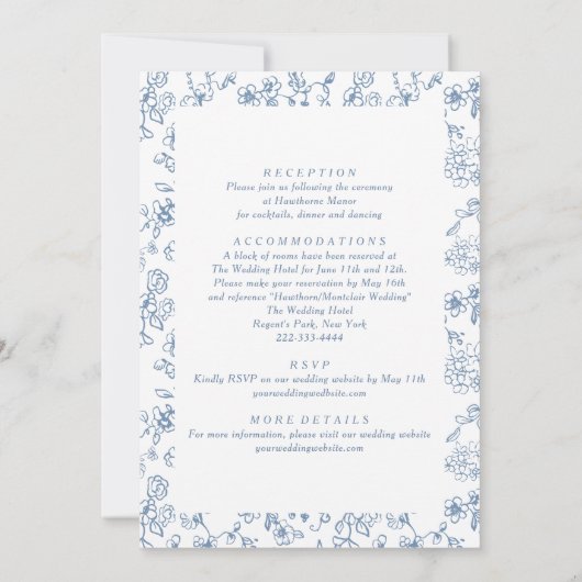 Elegantes Viktorianisches Blau auf einer Hochzeit Einladung (Rückseite)