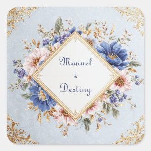 Elegantes Viktorianisches Blau- und Goldfloraldesi Quadratischer Aufkleber