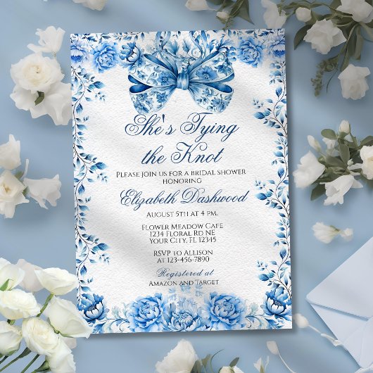 Elegantes Viktorianisches Blue Floral Bow Brautpar Einladung