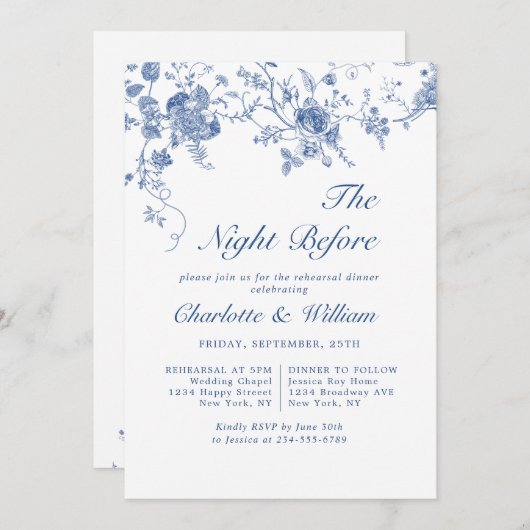 Elegantes Viktorianisches Blue Floral Probe Abende Einladung (Vorne/Hinten)