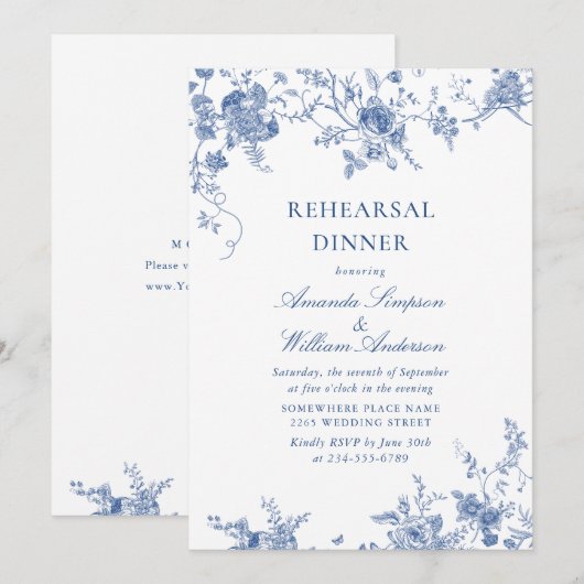 Elegantes Viktorianisches Blue Floral Probe Abende Einladung (Vorne/Hinten)