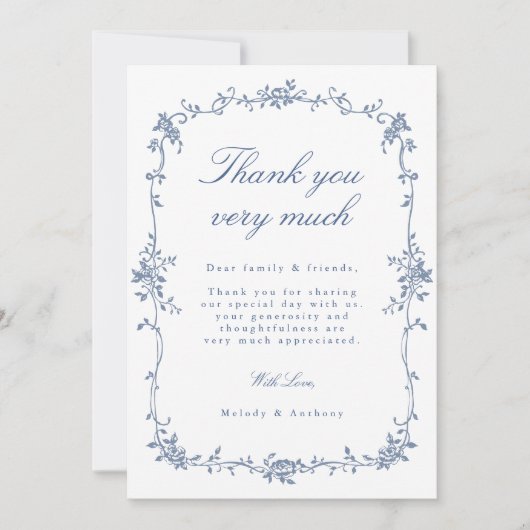 Elegantes Viktorianisches Blue Floral Wedding Foto Dankeskarte (Vorderseite)