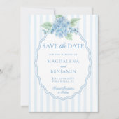 Elegantes Viktorianisches Blue Hydrangea Foto Hoch Save The Date (Vorderseite)