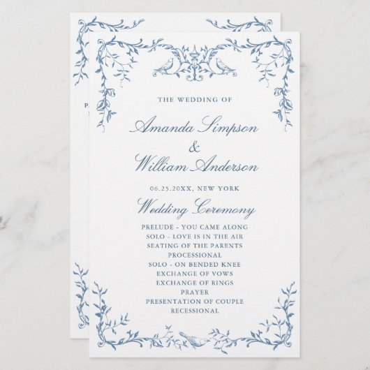 Elegantes Viktorianisches Blue Wedding Programm (Vorne/Hinten)