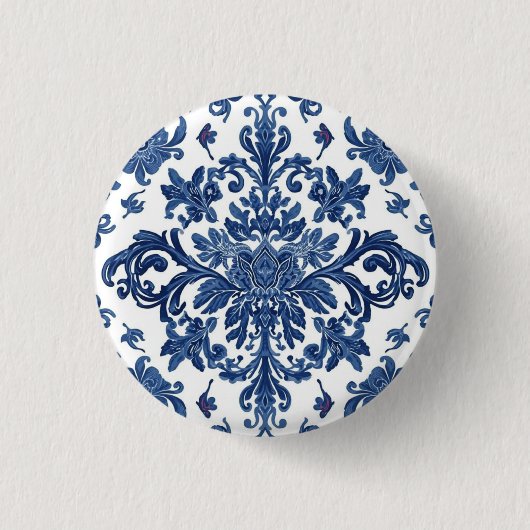 Elegantes viktorianisches Damast-Blumenmuster Navy Button (Vorderseite)
