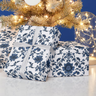 Elegantes viktorianisches Damast-Blumenmuster Navy Geschenkpapier