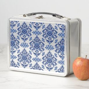 Elegantes viktorianisches Damast-Blumenmuster Navy Metall Brotdose